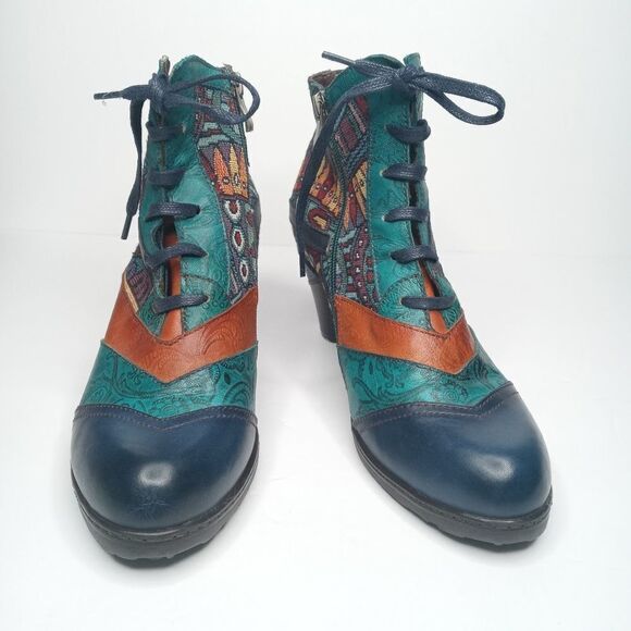 SOCOFY Bohemian Splicing Pattern Block Zipper Ankle Leather Boots - Picture 2 of 10